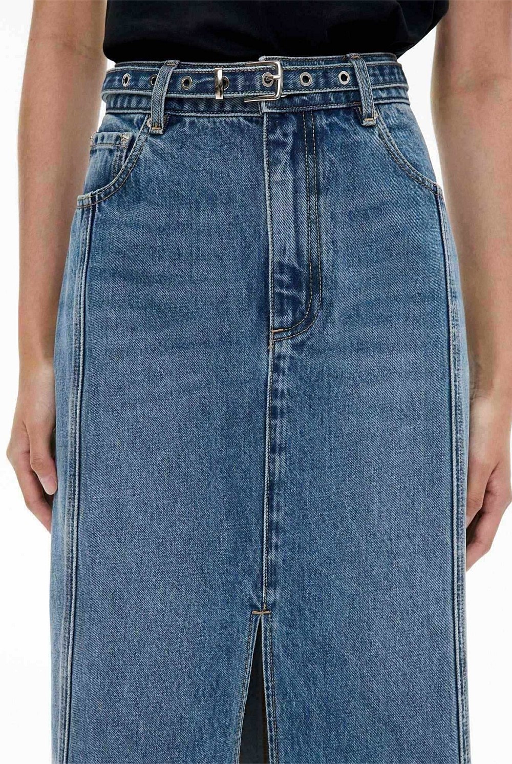 Denim Belt Midi Skirt
