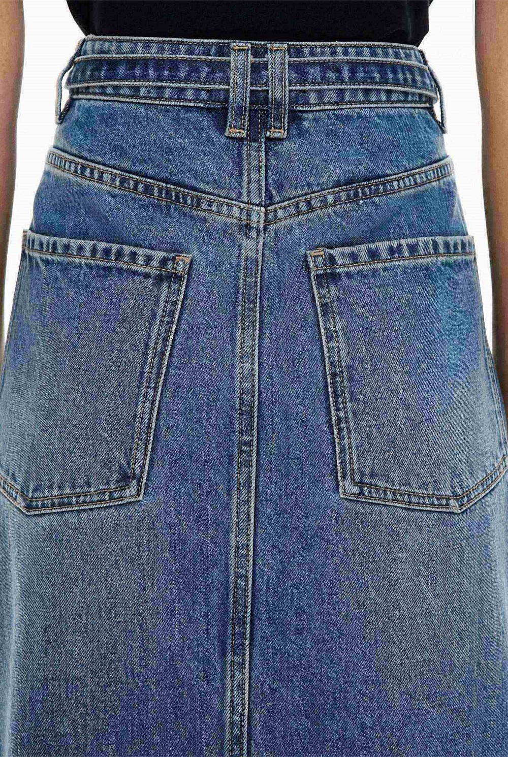 Denim Belt Midi Skirt