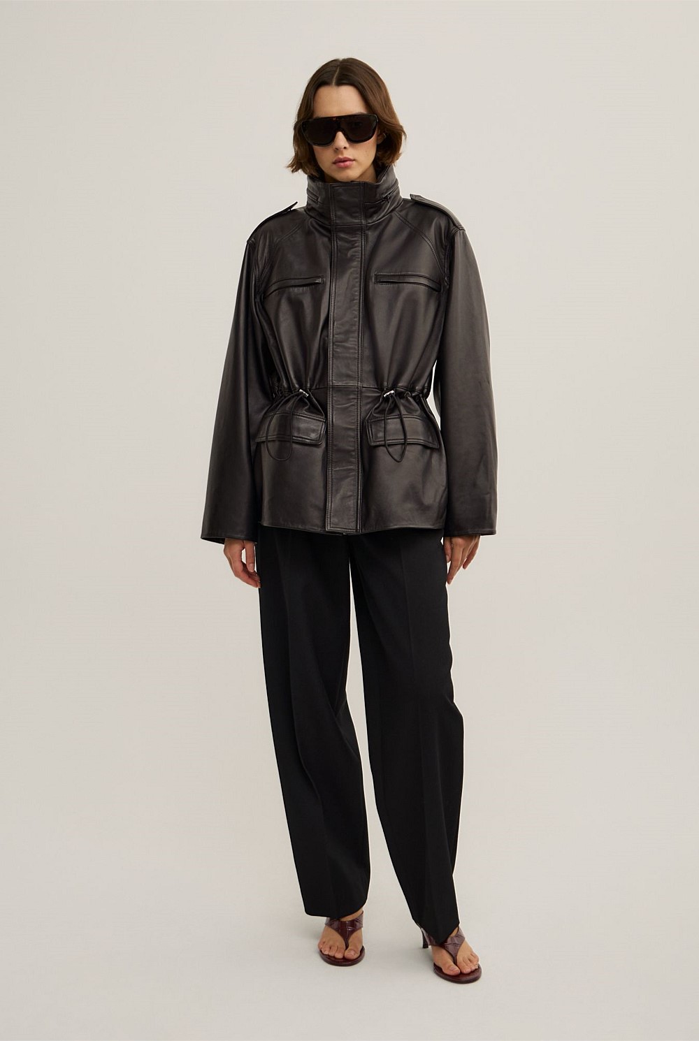 Leather Drawcord Funnel Neck Jacket