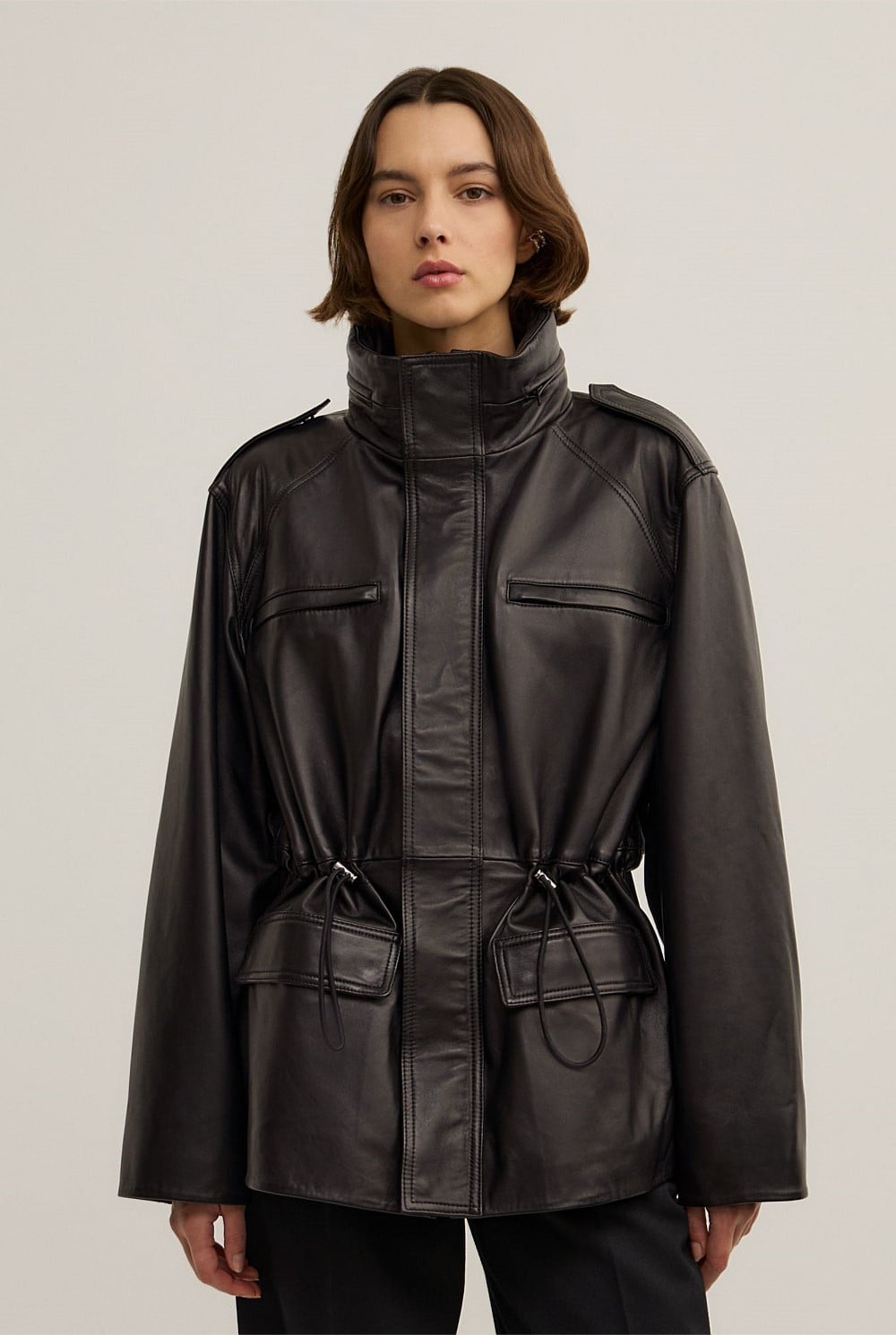 Leather Drawcord Funnel Neck Jacket