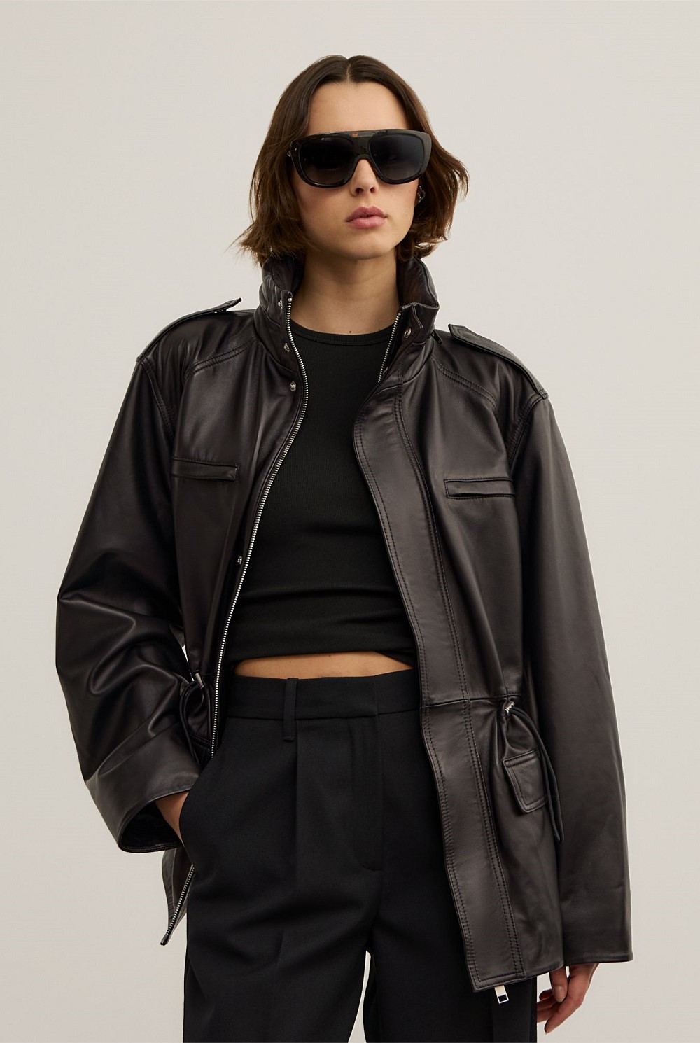 Leather Drawcord Funnel Neck Jacket