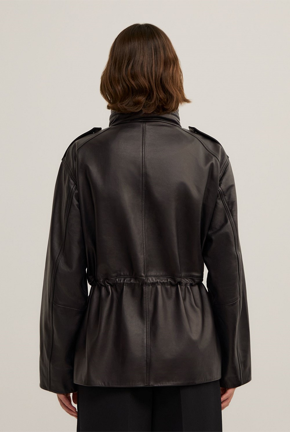 Leather Drawcord Funnel Neck Jacket