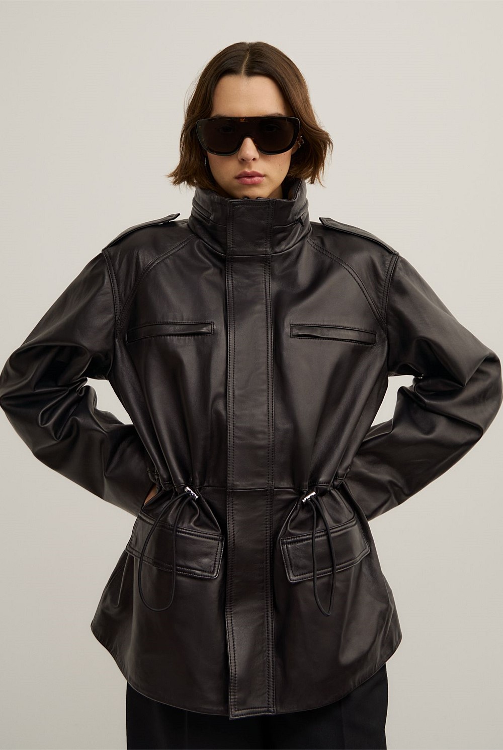 Leather Drawcord Funnel Neck Jacket
