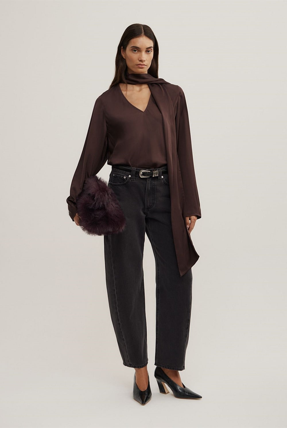 Long Sleeve V-Neck Scarf Top