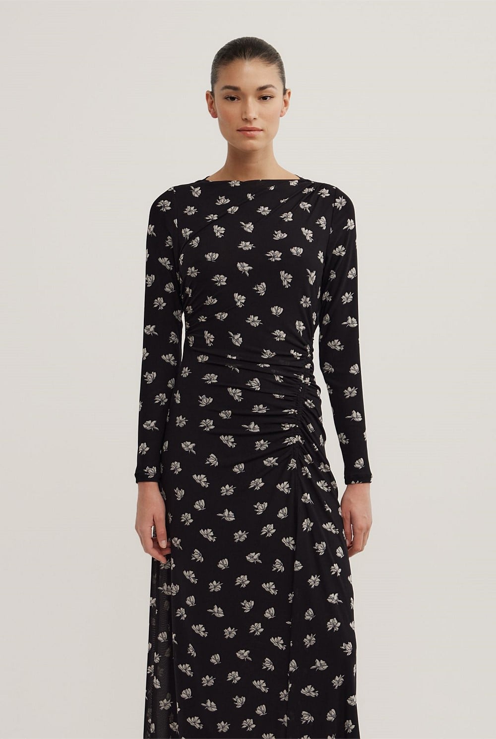 Long Sleeve Ruched Mesh Dress