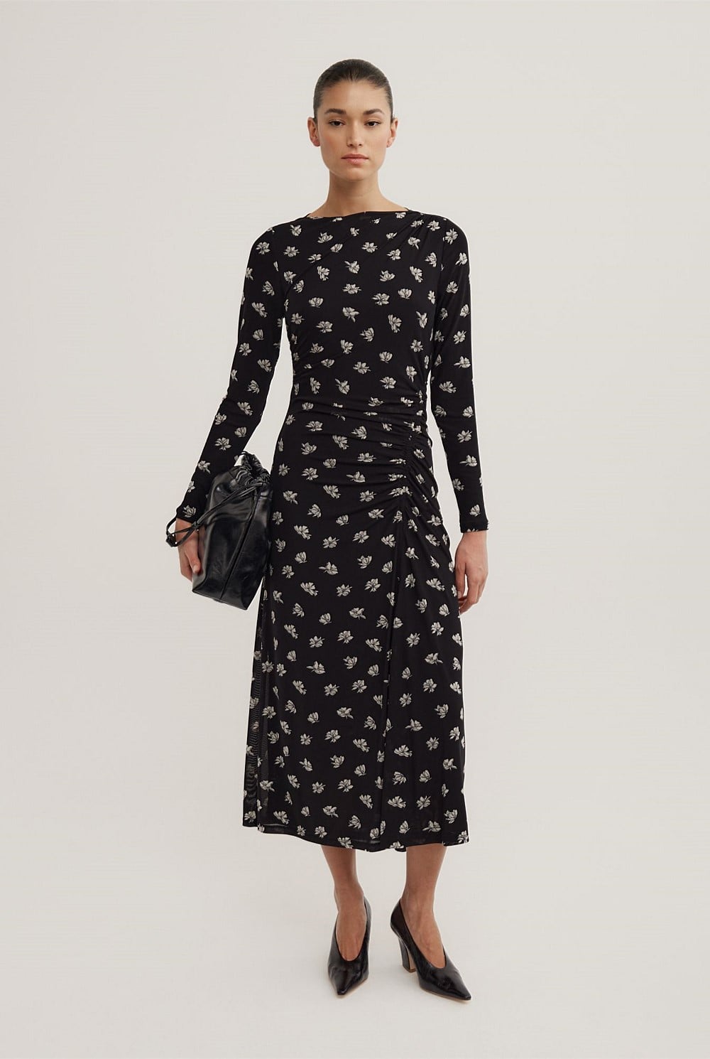 Long Sleeve Ruched Mesh Dress