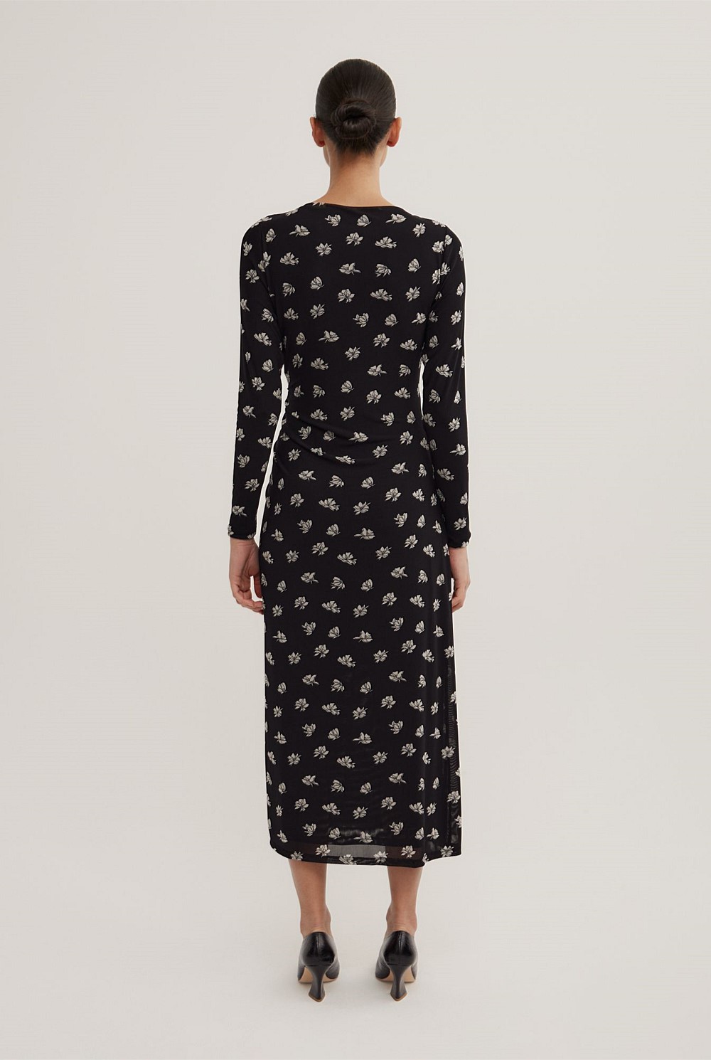 Long Sleeve Ruched Mesh Dress