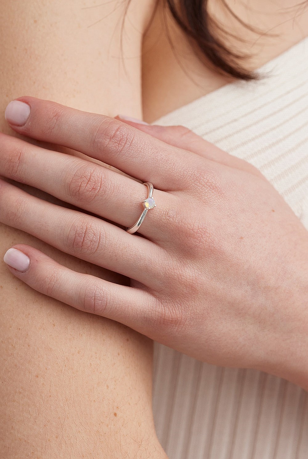 October Opal Silver Birthstone Ring