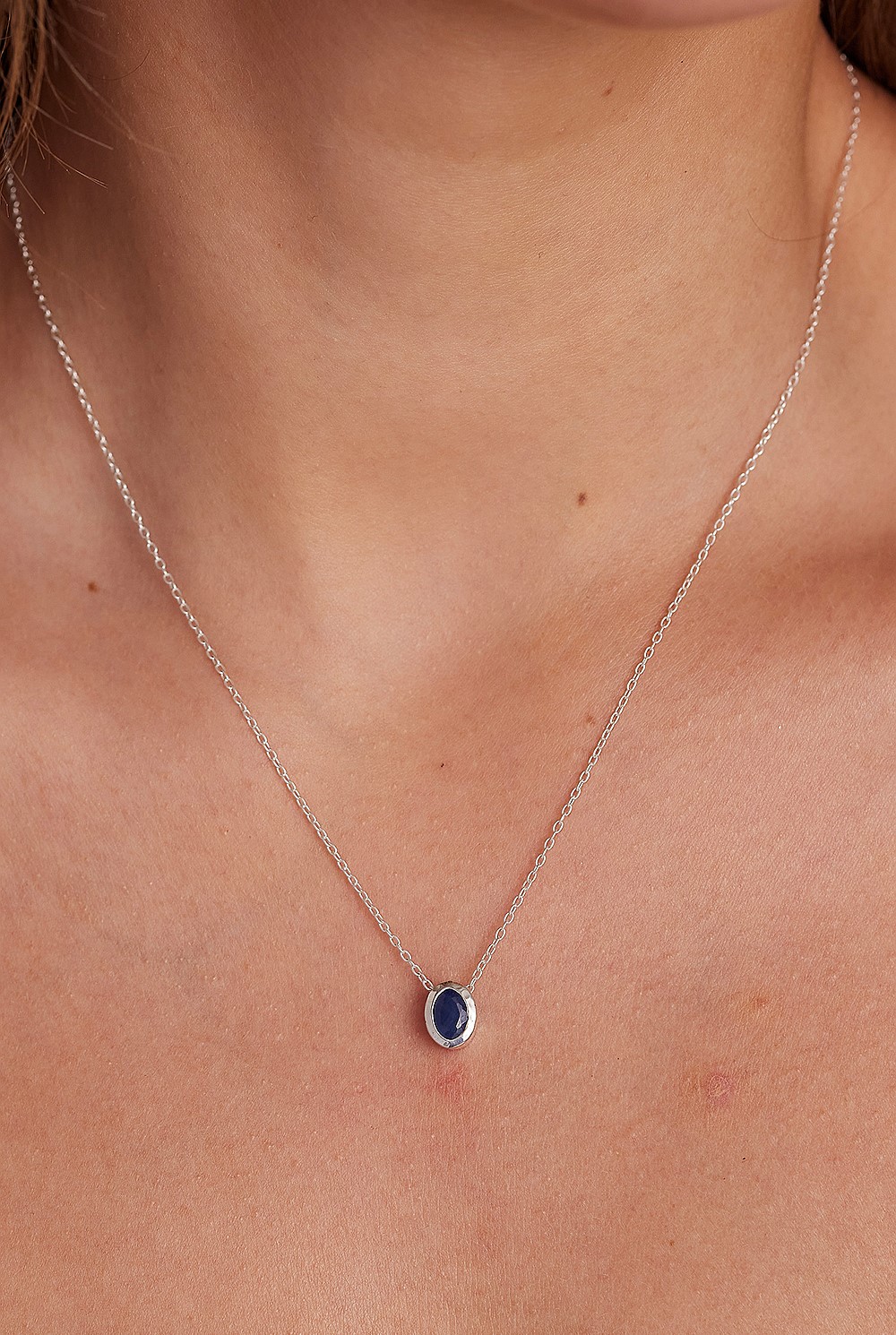September Sapphire Silver Oval Birthstone Necklace
