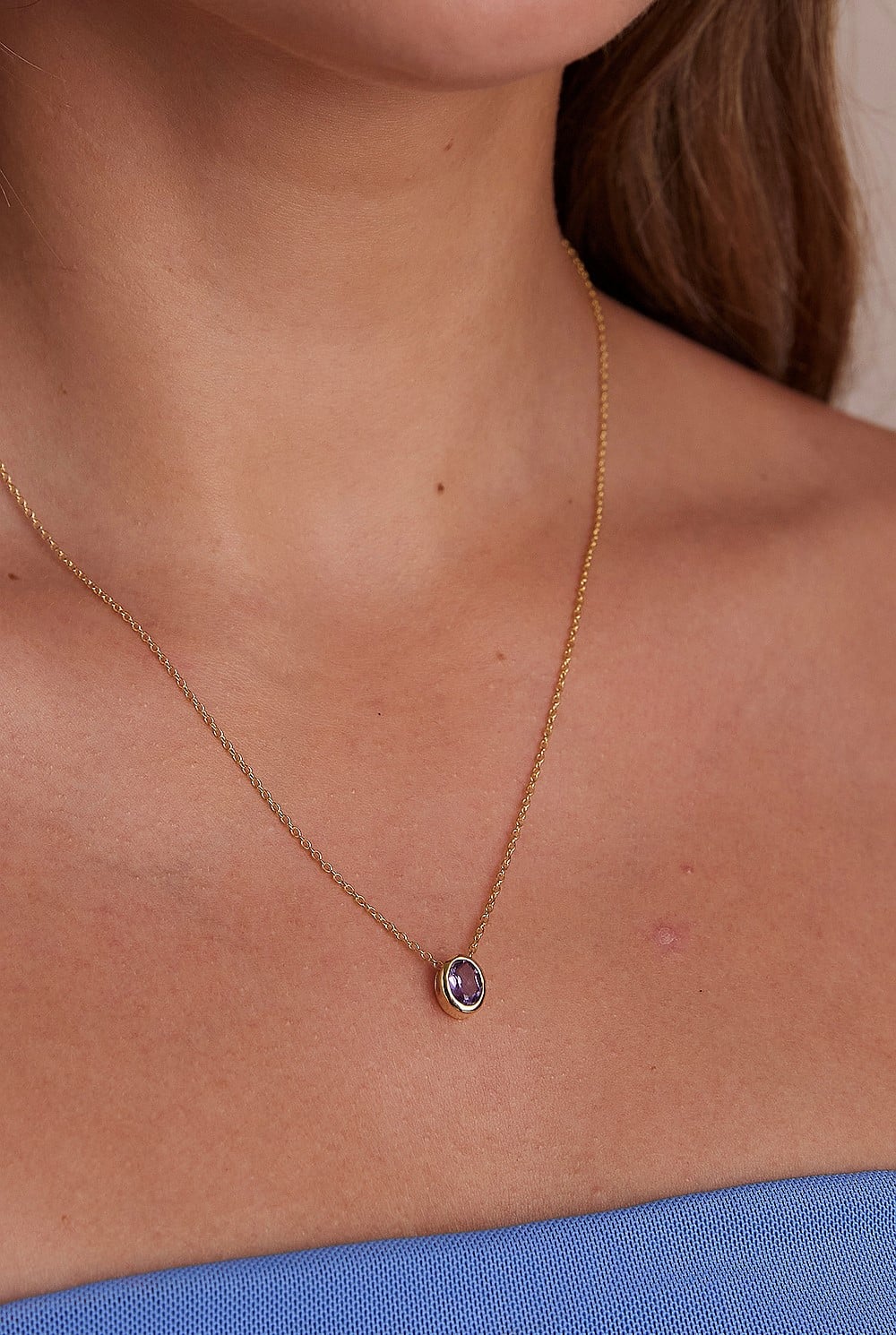 February Amethyst Gold Oval Birthstone Necklace