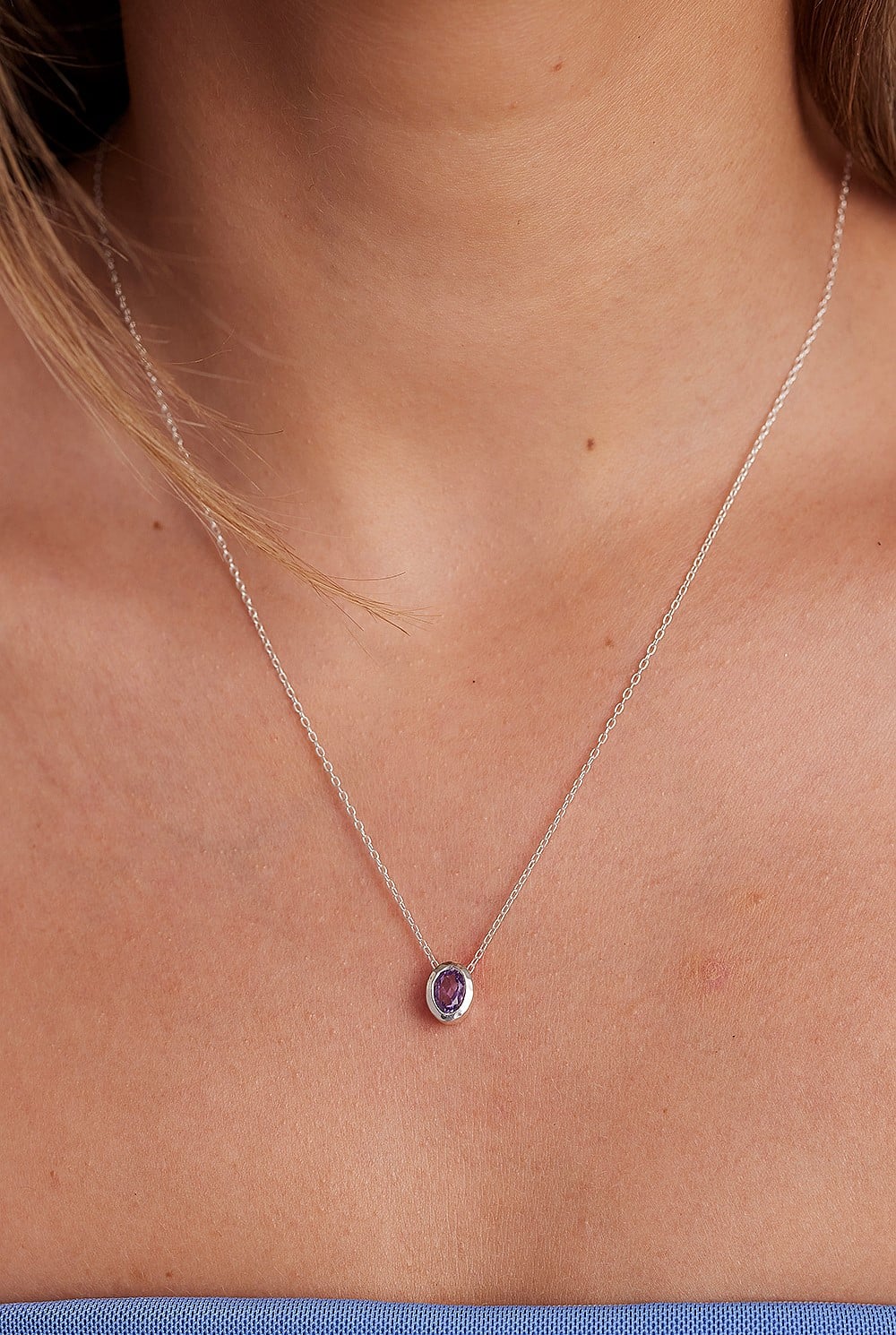 February Amethyst Silver Oval Birthstone Necklace